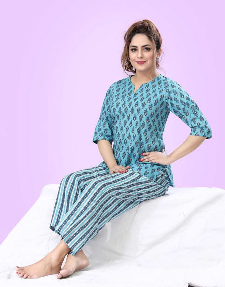 Light Blue Floral Cotton Printed Night Suit