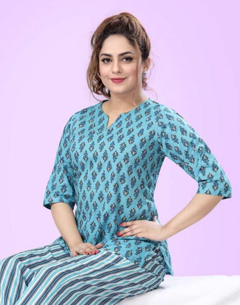 Light Blue Floral Cotton Printed Night Suit