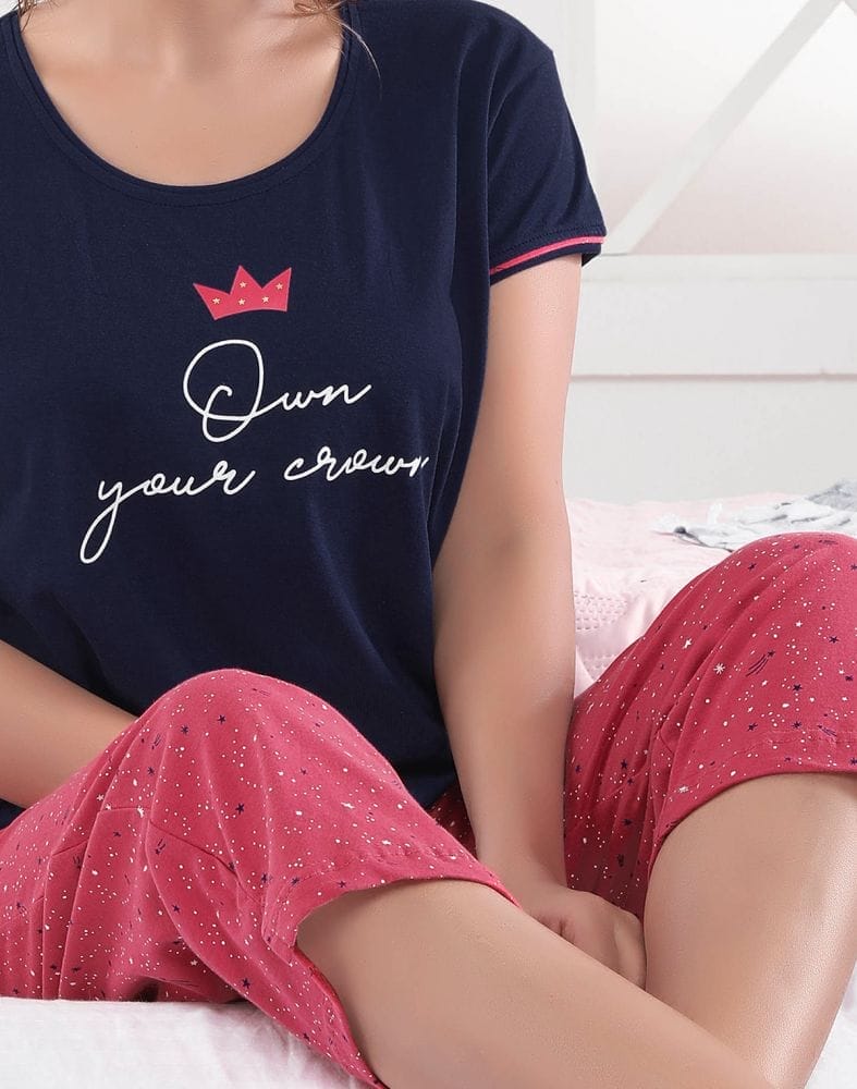 Collection of Navy Blue Typography Cotton Printed Capri Set in a gallery layout