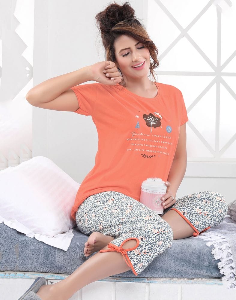 Collection of Orange Typography Cotton Printed Capri Set in a gallery layout