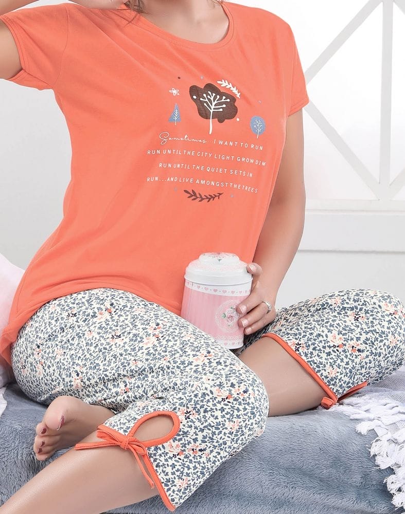 Collection of Orange Typography Cotton Printed Capri Set in a gallery layout