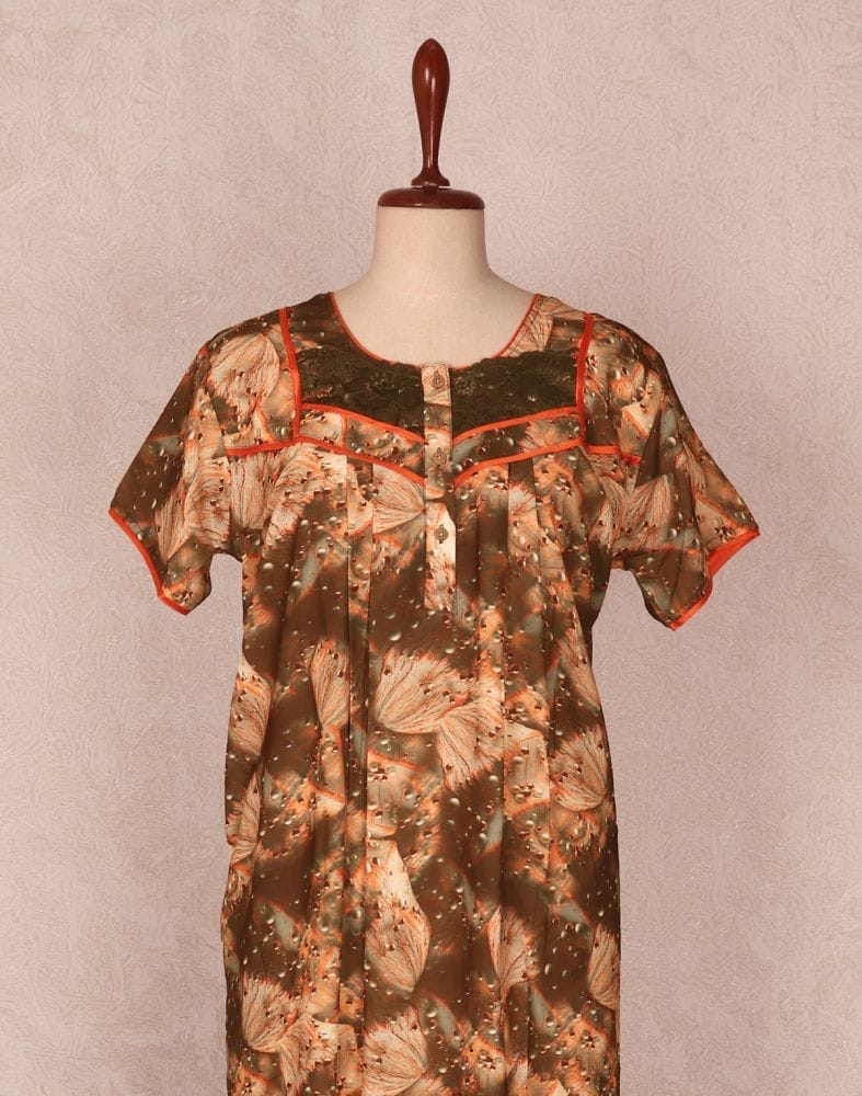 Orange Colour Floral Print Cotton Nighty