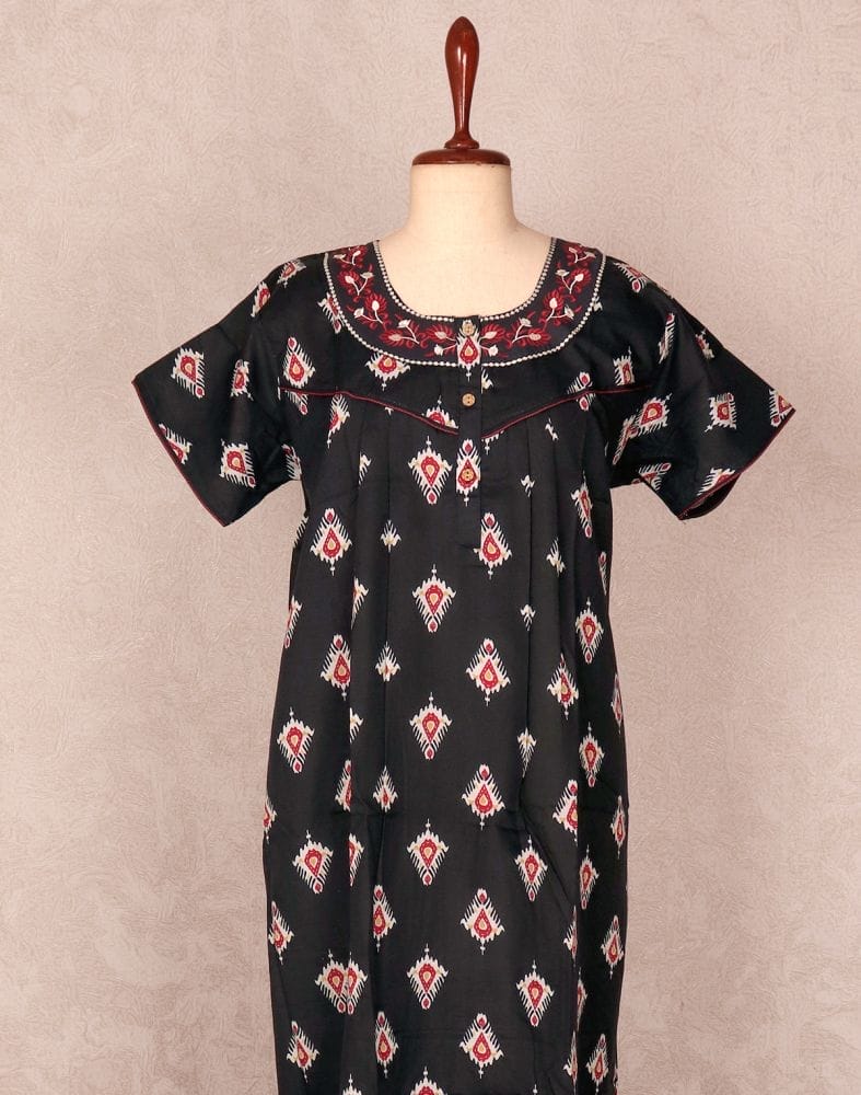 Black Coloured Block Print Cotton Nighty