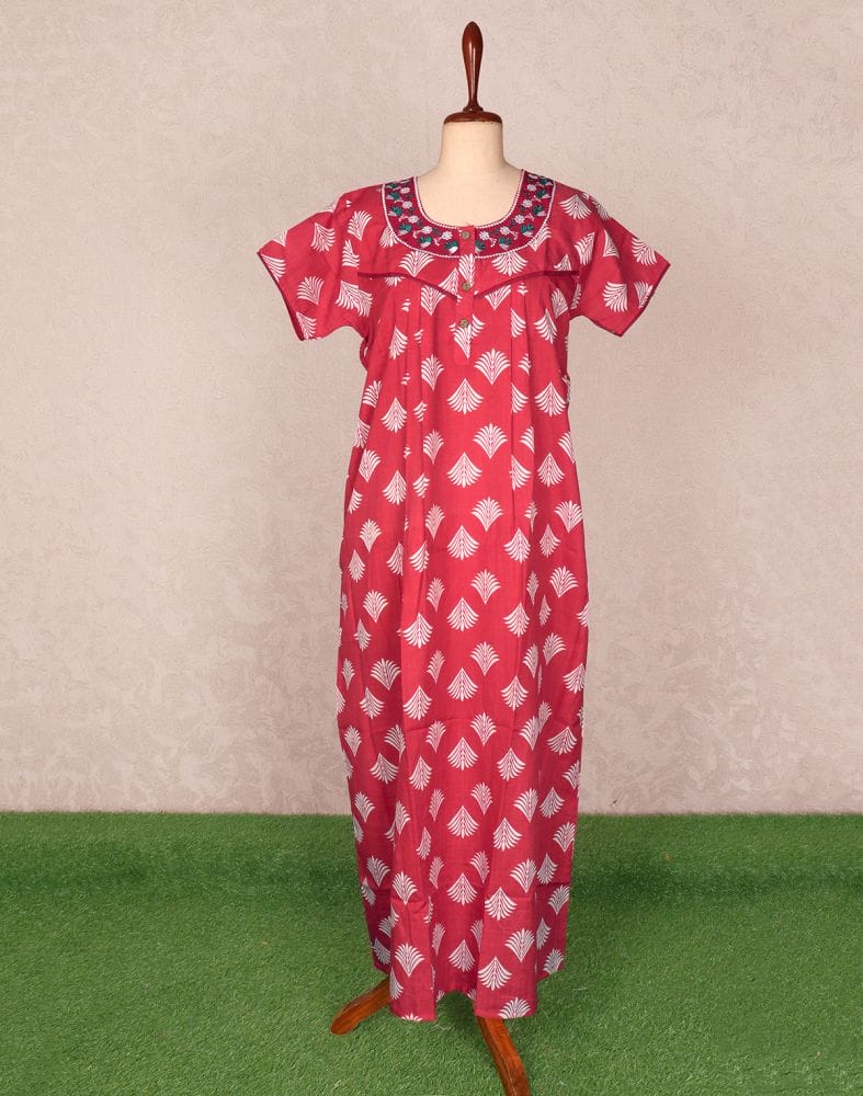 Red Botanical Print Cotton Nighty