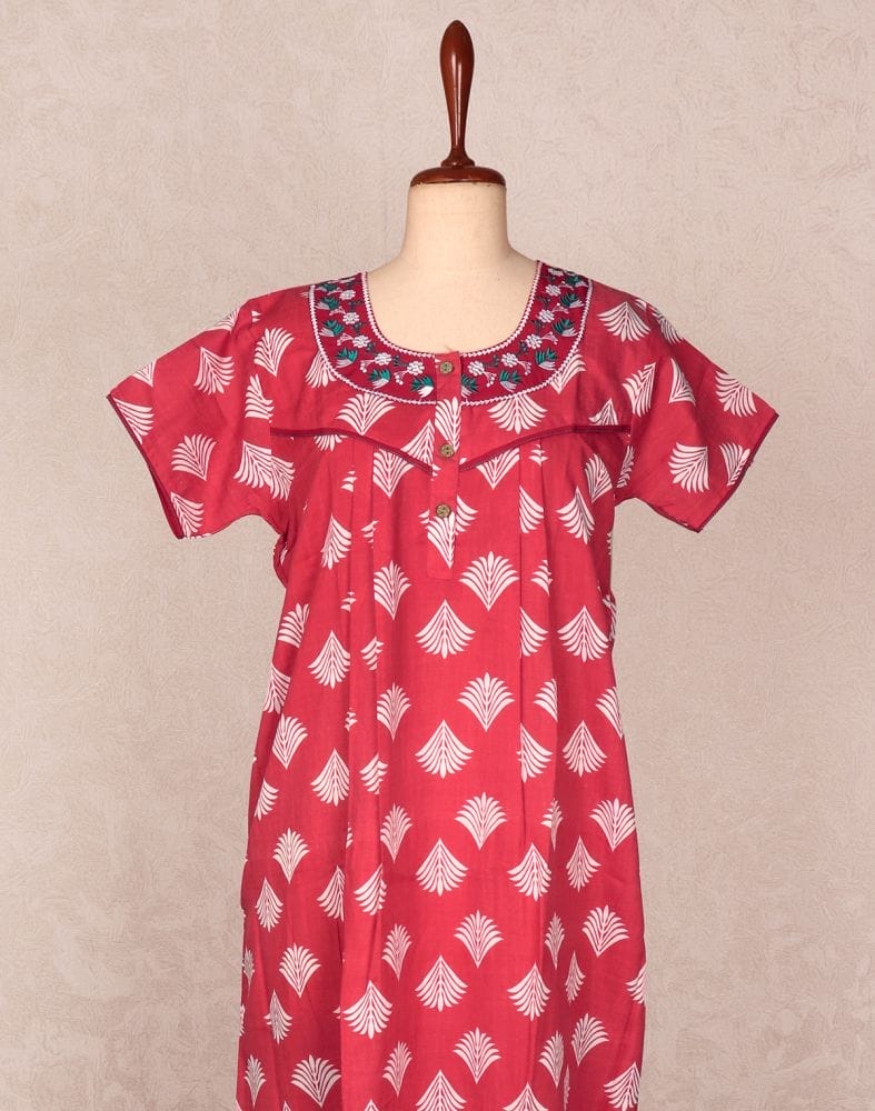 Red Botanical Print Cotton Nighty