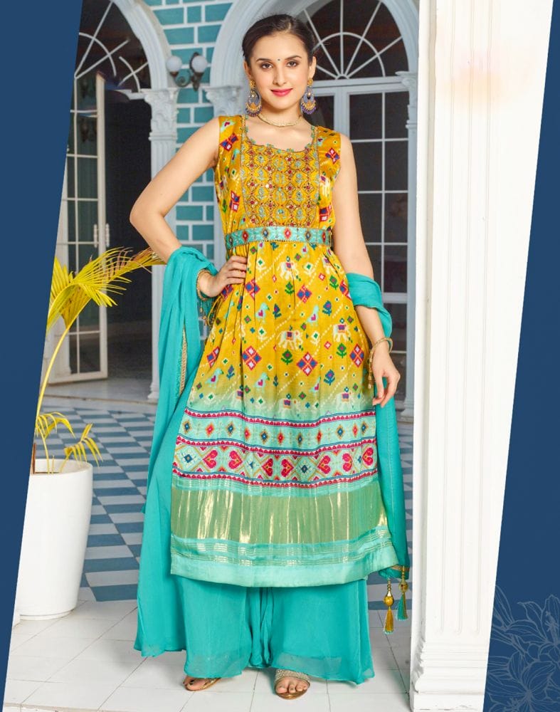 Yellow Coloured Ikat Nyra Cut Satin Mirror work Kurti Set