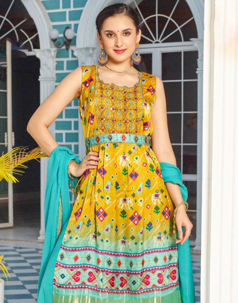 Collection of Yellow Coloured Ikat Nyra Cut Satin Mirror work Kurti Set in a gallery layout