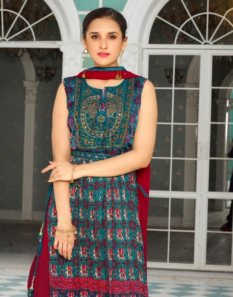 Teal Blue Ikat Satin Nyra Cut Beads work Kurti Set