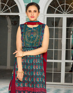 Collection of Teal Blue Ikat Satin Nyra Cut Beads work Kurti Set in a gallery layout