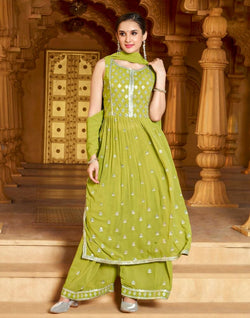 Collection of Light Green Floral Embellished work with Nyra Cut Georgette Kurti Set in a gallery layout