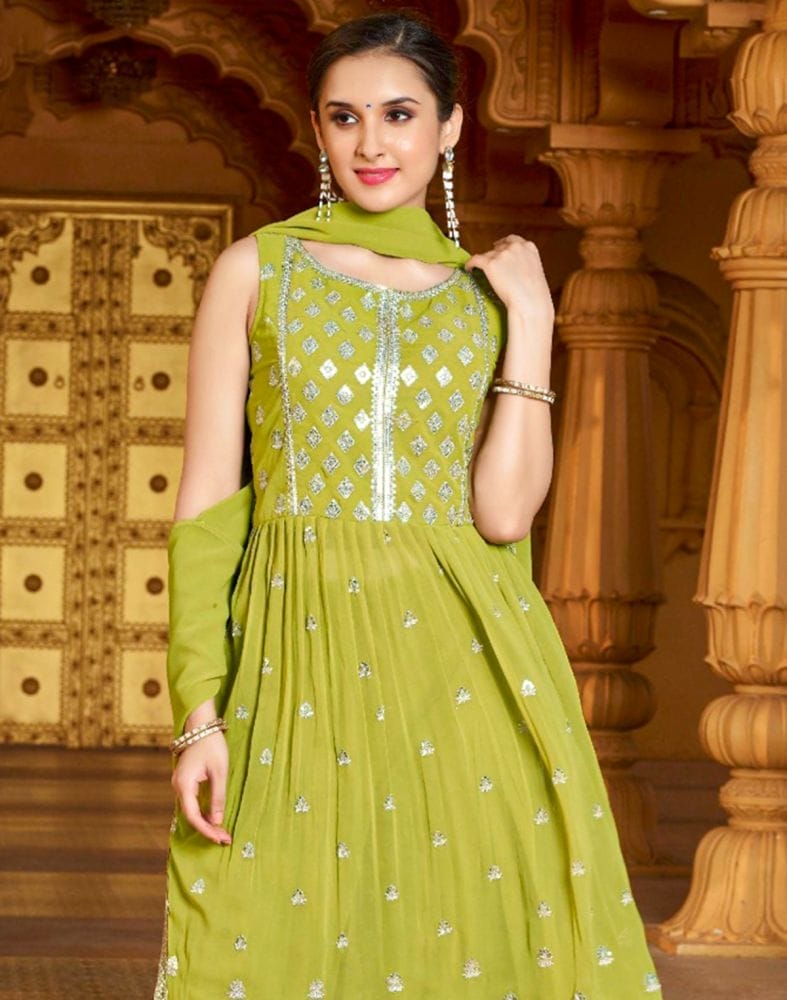 Collection of Light Green Floral Embellished work with Nyra Cut Georgette Kurti Set in a gallery layout