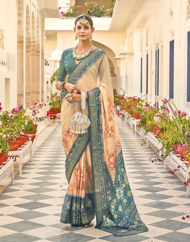 Collection of Peach Coloured Floral Print Dola Silk Fabric Saree in a gallery layout