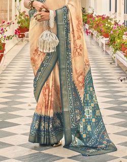 Collection of Peach Coloured Floral Print Dola Silk Fabric Saree in a gallery layout