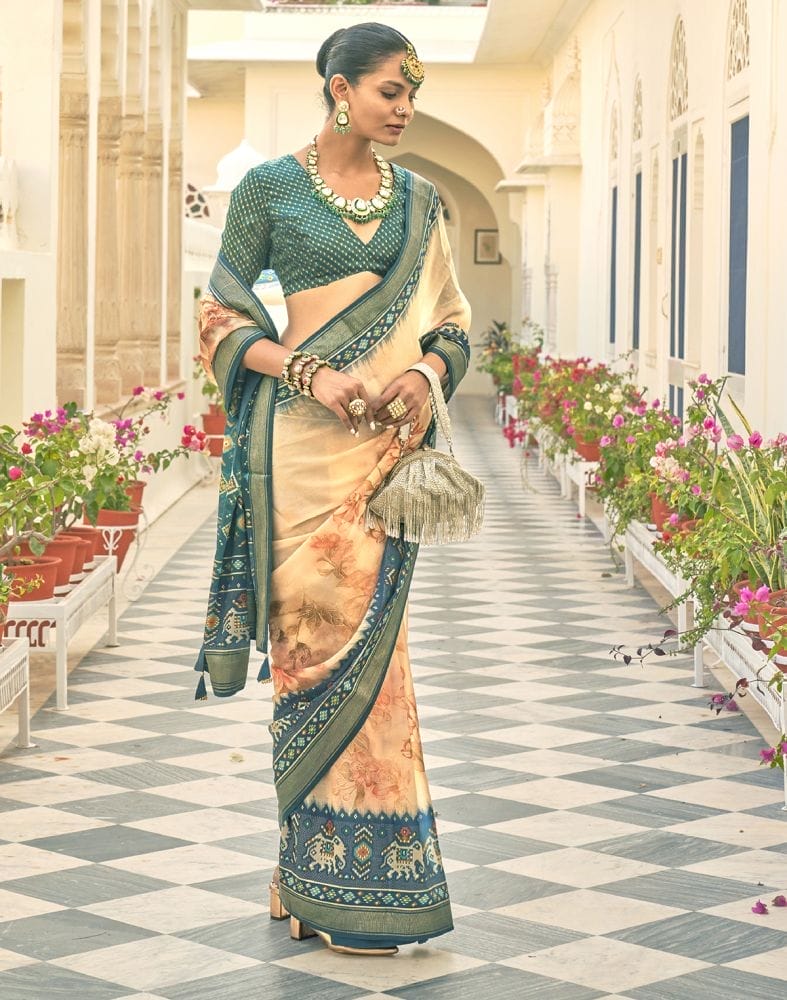 Collection of Peach Coloured Floral Print Dola Silk Fabric Saree in a gallery layout