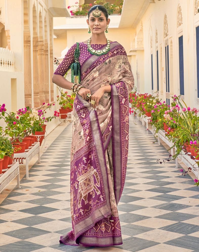 Collection of Peach Floral Print Soft Dola Silk Saree in a gallery layout