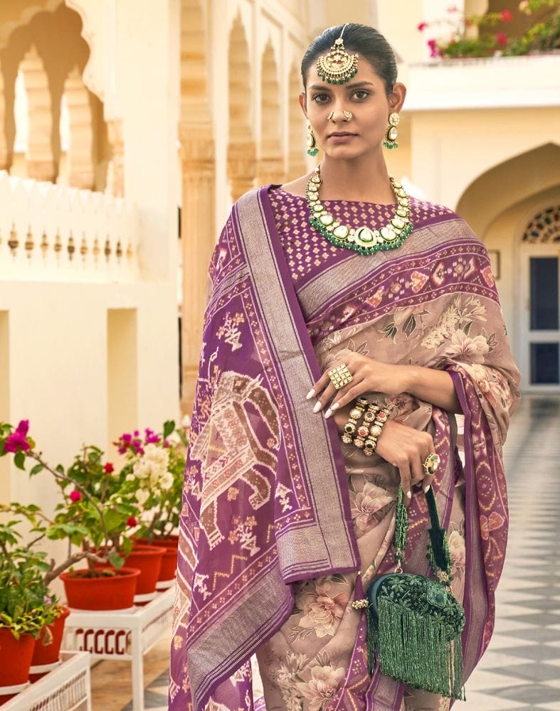 Peach Floral Print Soft Dola Silk Saree