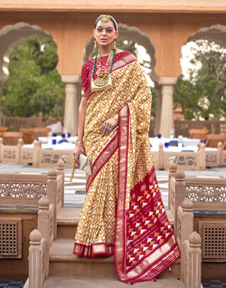 Collection of Mustard Geometric Dola Silk Fancy Saree in a gallery layout