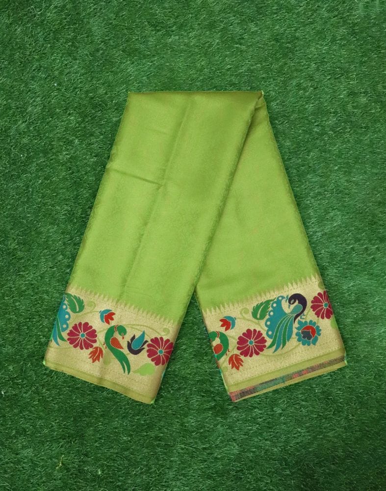 Collection of Parrot Green Color Self Design Soft Silk Zari Saree in a gallery layout