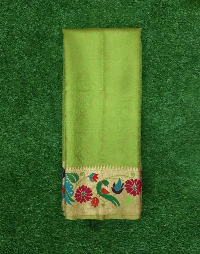 Collection of Parrot Green Color Self Design Soft Silk Zari Saree in a gallery layout