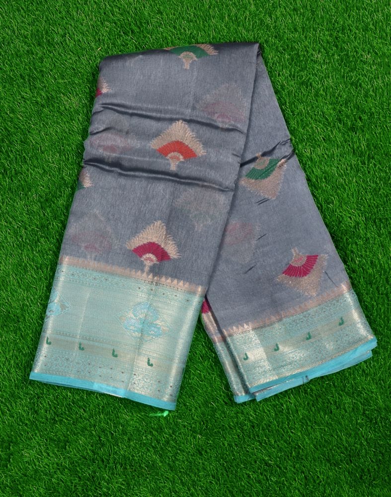 Collection of Grey Floral pattern Weave Silk Saree in a gallery layout