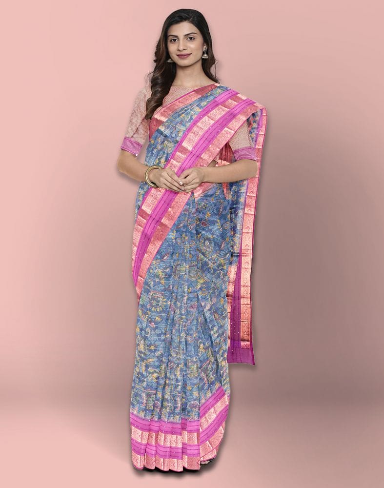 Blue Floral Print Organza Saree