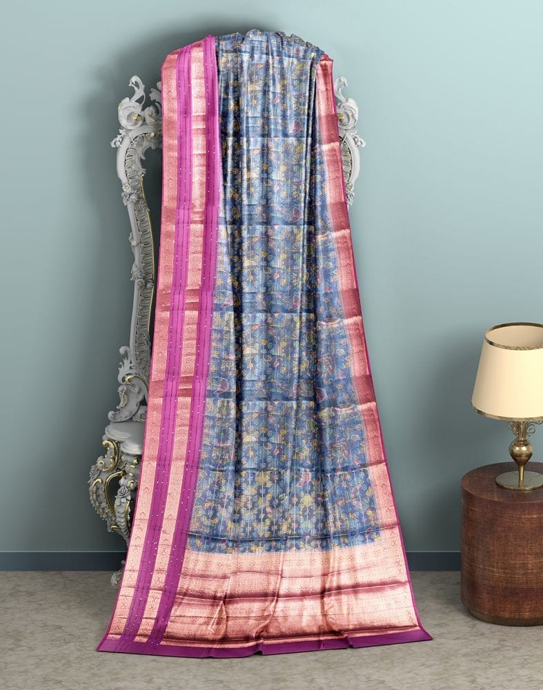 Collection of Blue Floral Print Organza Saree in a gallery layout