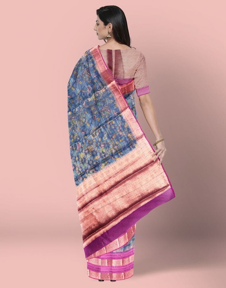 Blue Floral Print Organza Saree