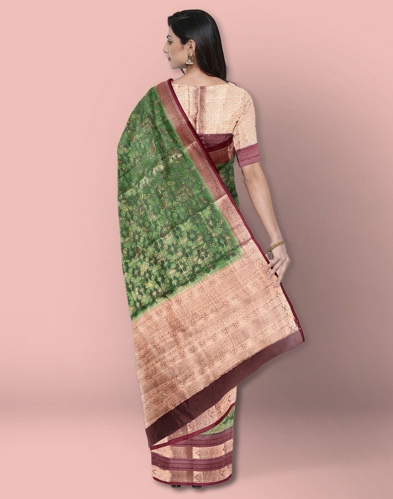 Green Colour Organza Floral Print Saree