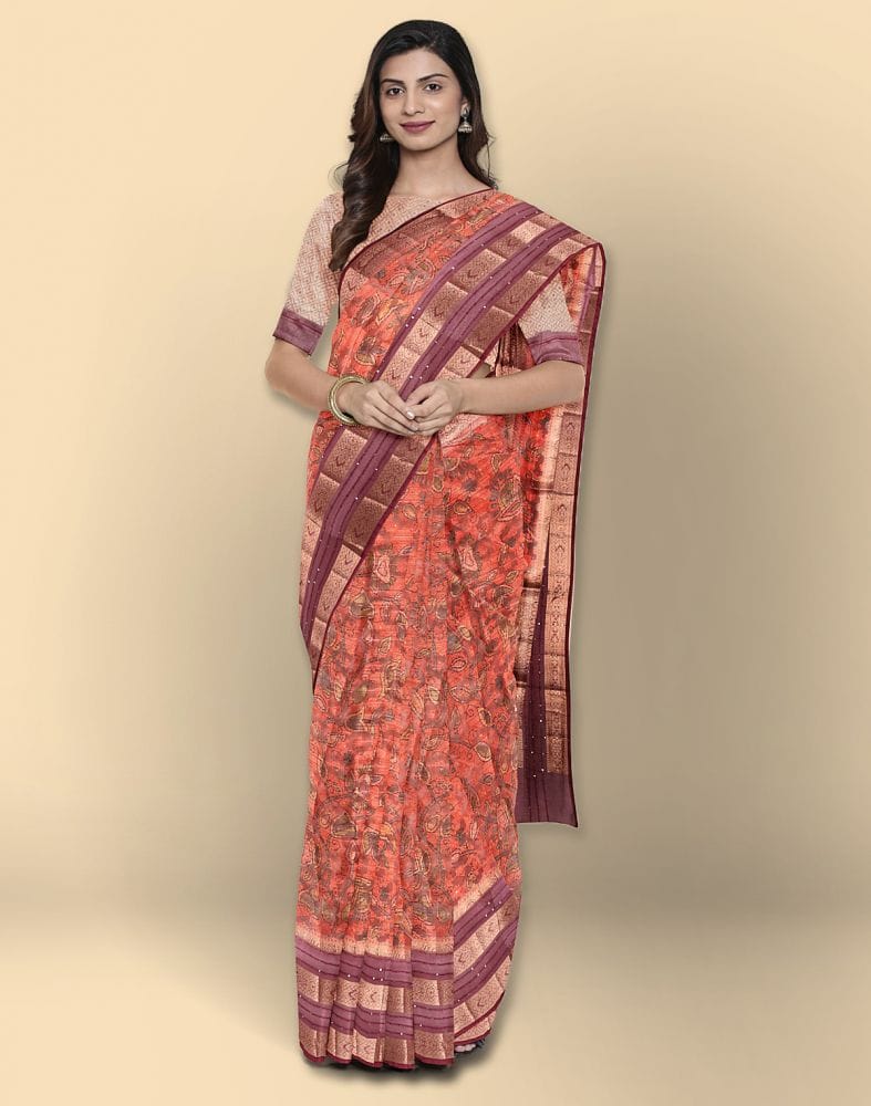 Orange Floral Print Organza Saree