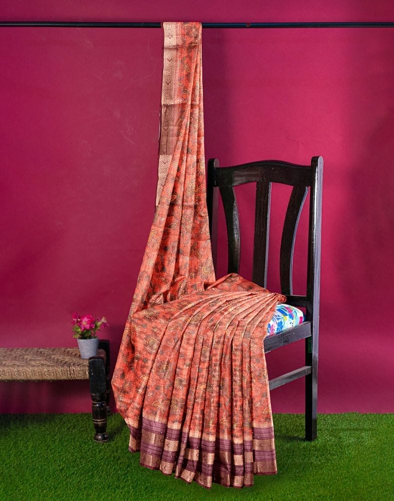 Orange Floral Print Organza Saree