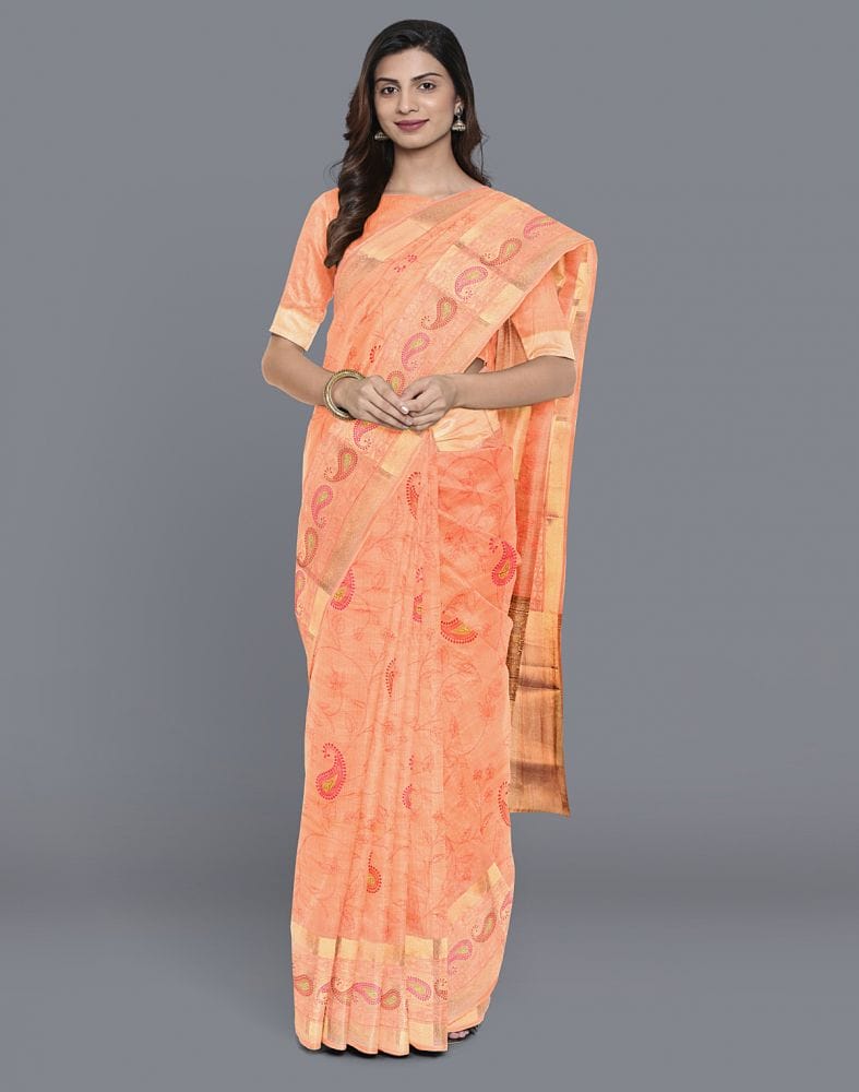 Orange Paisley Tissue Chikankari work Saree