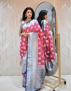 Collection of Pink Coloured Floral Weave Semi Georgette Saree in a gallery layout