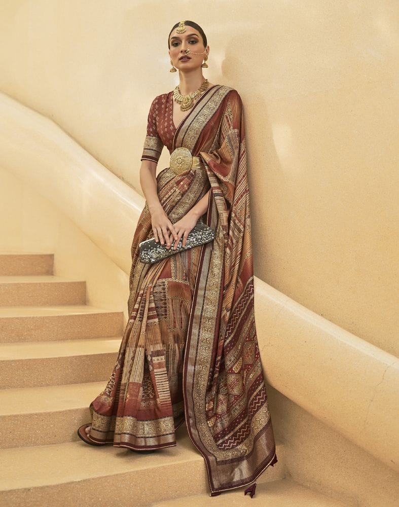 Collection of Brown Geometric Soft Art Silk Saree in a gallery layout