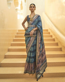 Collection of Light Blue Stripes Print Art Silk Saree in a gallery layout