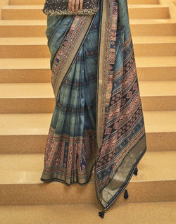 Collection of Light Blue Stripes Print Art Silk Saree in a gallery layout