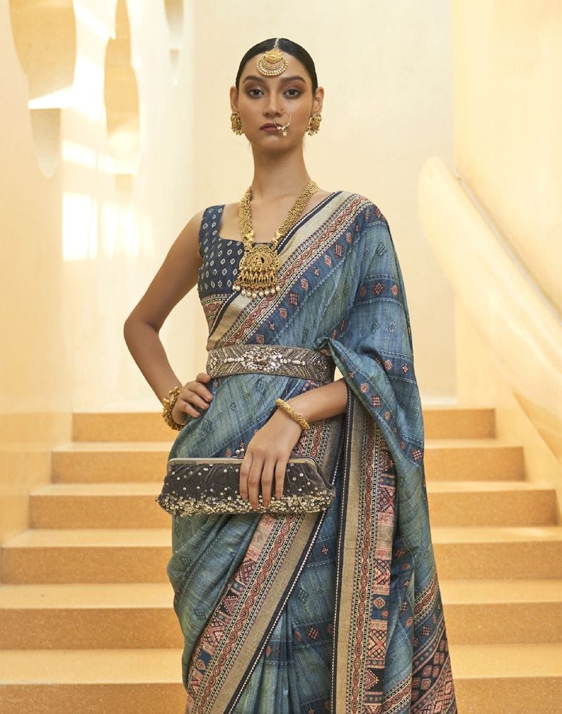 Collection of Light Blue Stripes Print Art Silk Saree in a gallery layout