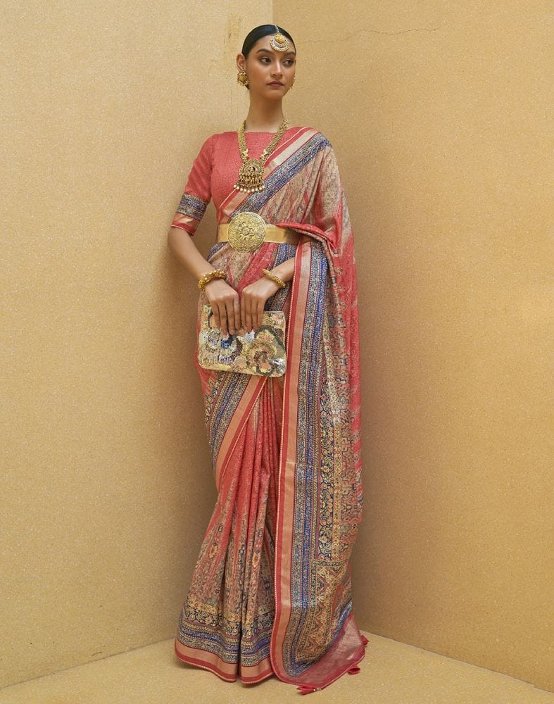 Collection of Attractive Peach Geometric Print Art Silk Saree in a gallery layout