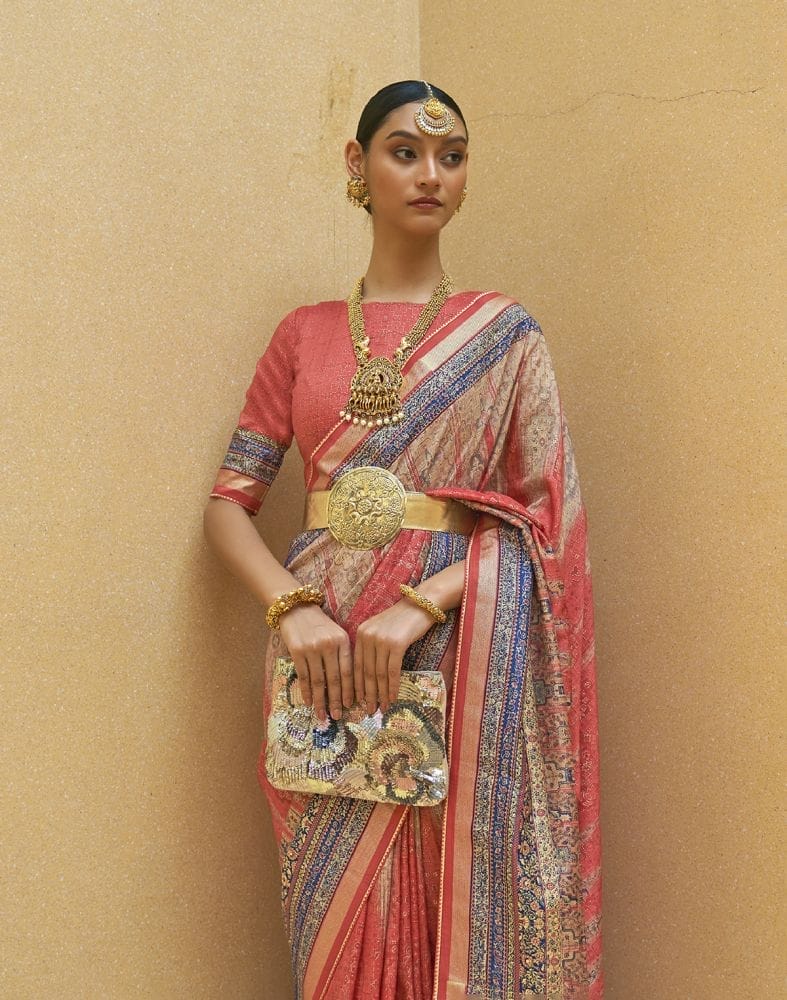 Collection of Attractive Peach Geometric Print Art Silk Saree in a gallery layout