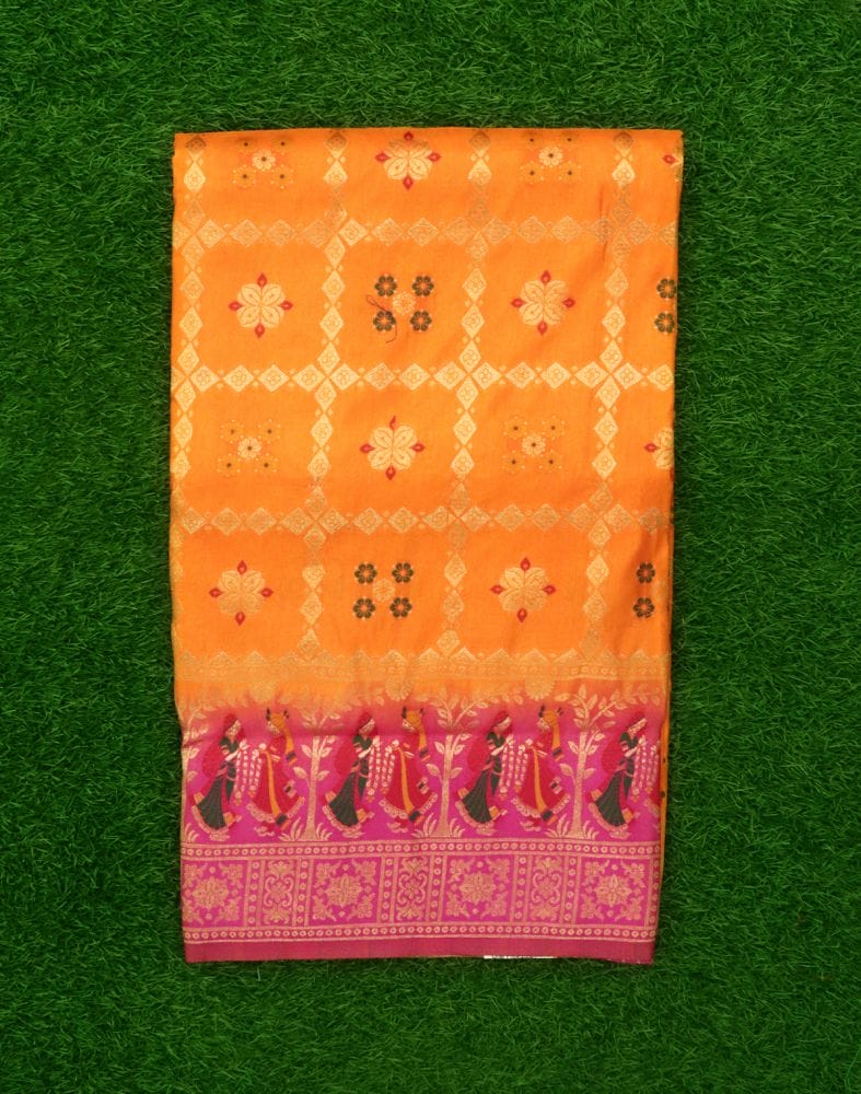 Collection of Orange Floral Raw Silk Weave Saree in a gallery layout