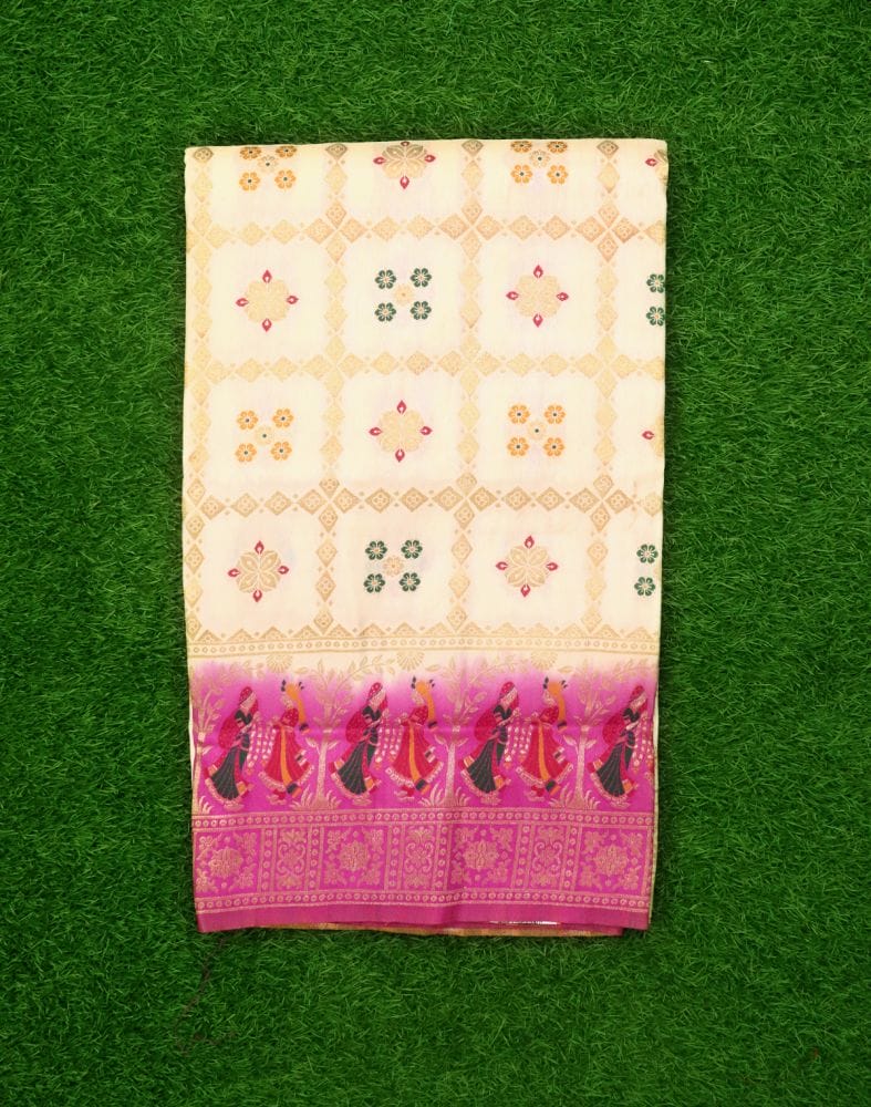 Cream Coloured Floral Raw Silk Saree