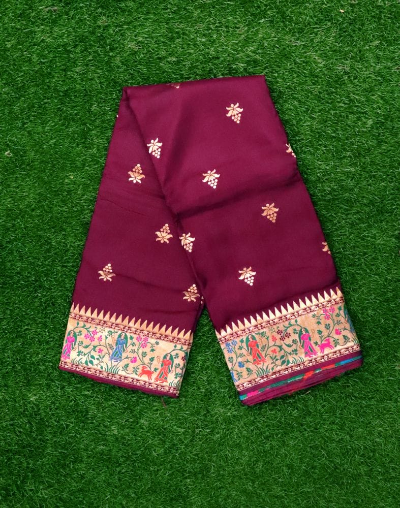 Wine Floral Dola Silk Fabric Saree