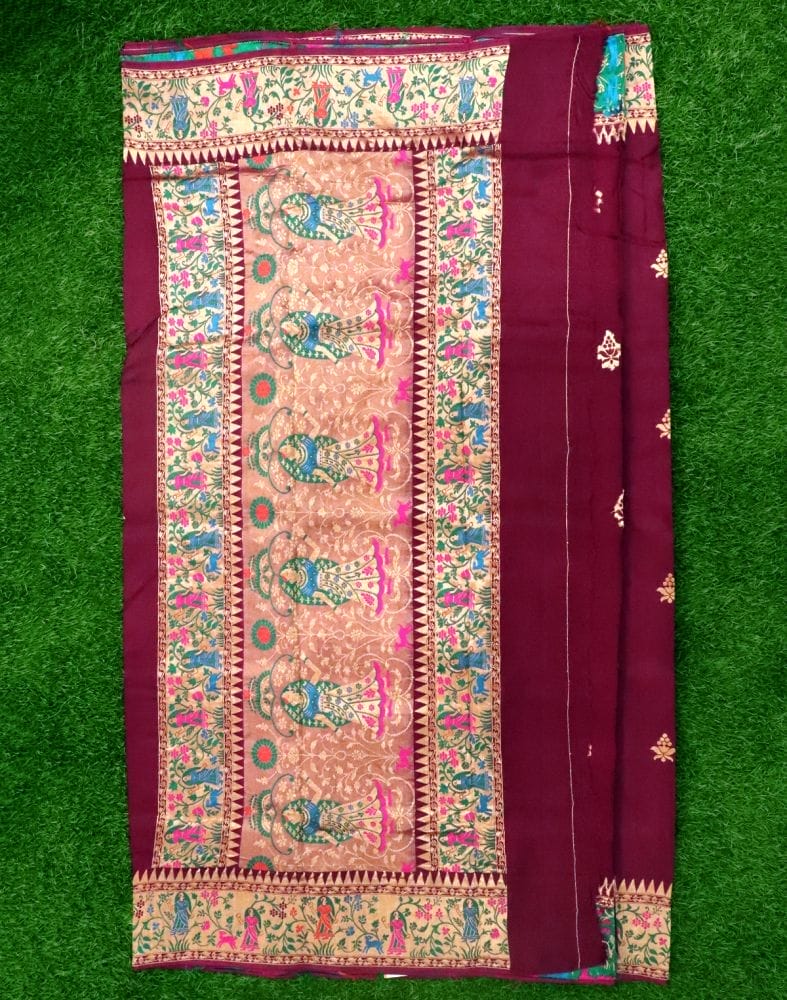 Collection of Wine Floral Dola Silk Fabric Saree in a gallery layout