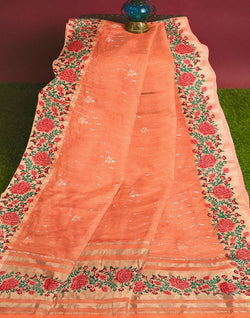 Collection of Orange Striped Embellished work Lenin Jute Saree in a gallery layout