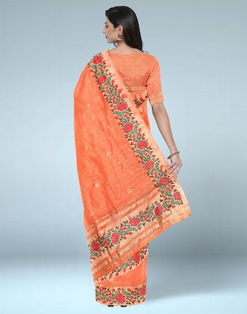 Collection of Orange Striped Embellished work Lenin Jute Saree in a gallery layout