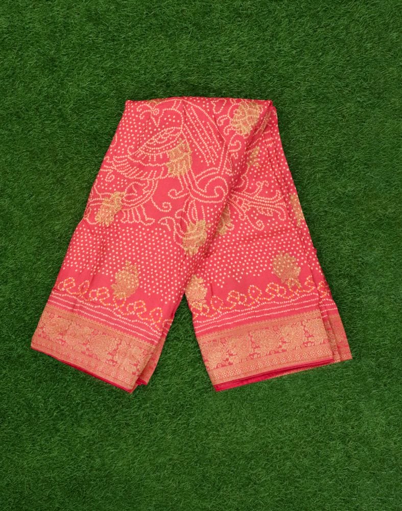 Peach Bandhini Print Dola Silk Saree