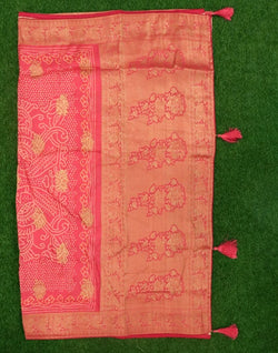 Collection of Peach Bandhini Print Dola Silk Saree in a gallery layout