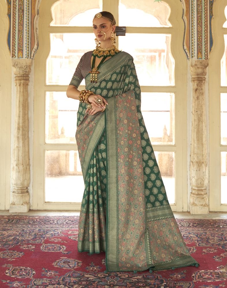 Traditional Dark Green Botanical Weaving Banaras Silk Saree