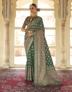 Collection of Traditional Dark Green Botanical Weaving Banaras Silk Saree in a gallery layout