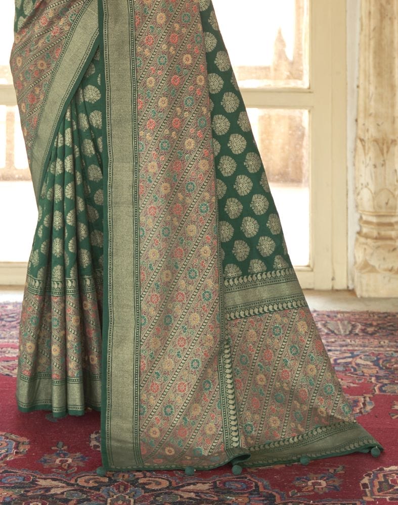 Collection of Traditional Dark Green Botanical Weaving Banaras Silk Saree in a gallery layout