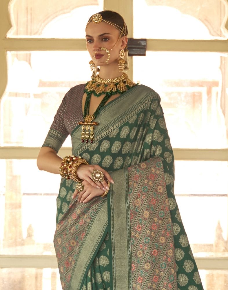 Collection of Traditional Dark Green Botanical Weaving Banaras Silk Saree in a gallery layout